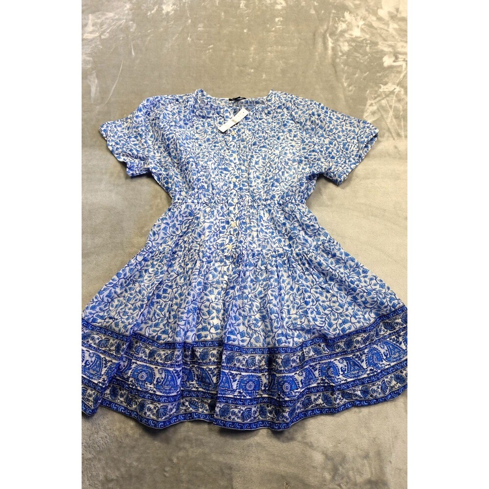 J.Crew Women's Small Blue Floral Plunge Smocked Waist Cotton Poplin Dress‎